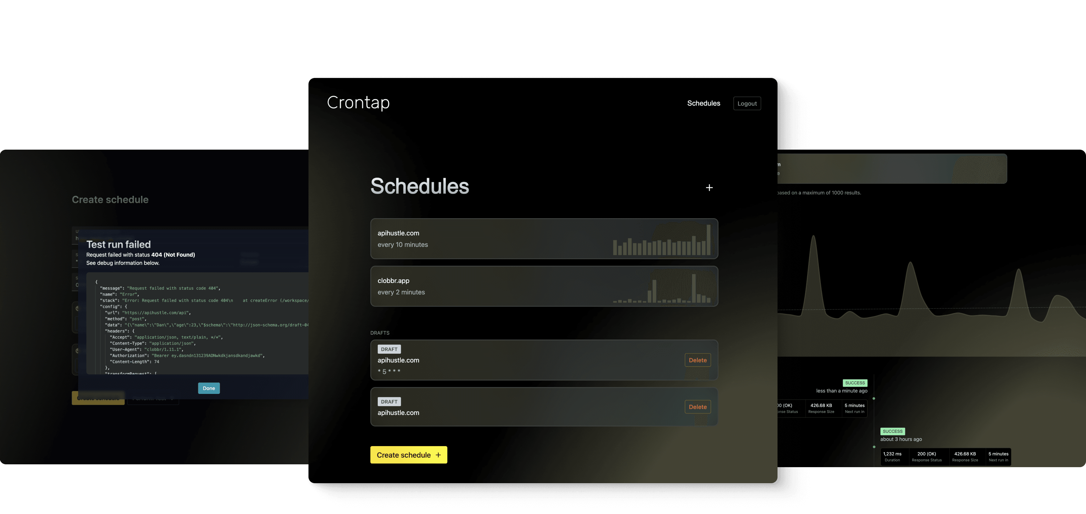 Screenshot of scheduled webhook crons with history and detailed error messages